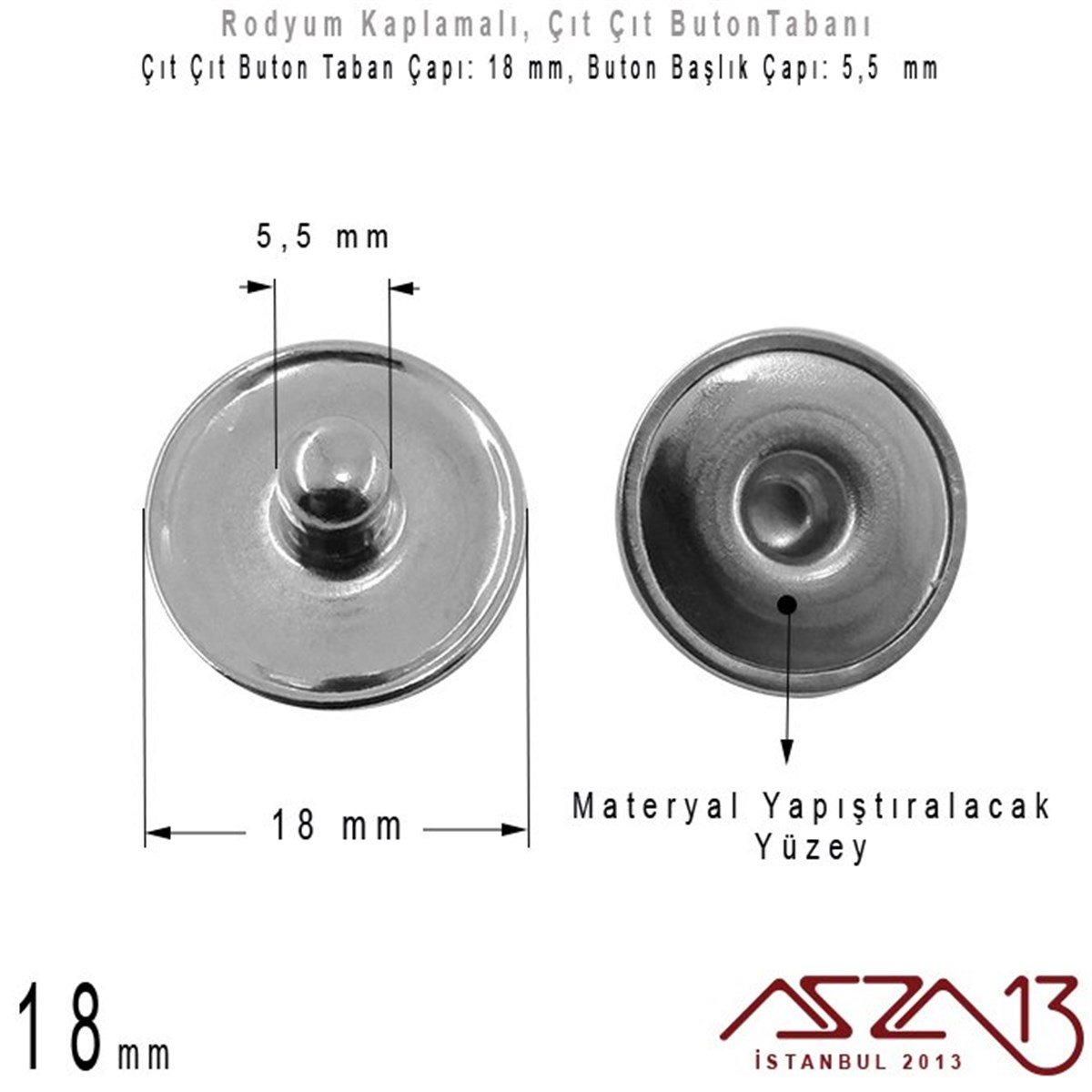 Rodyum Kaplamalı - 18 mm, Çıt Çıt Yuva Buton Altlığı / 4 Adet