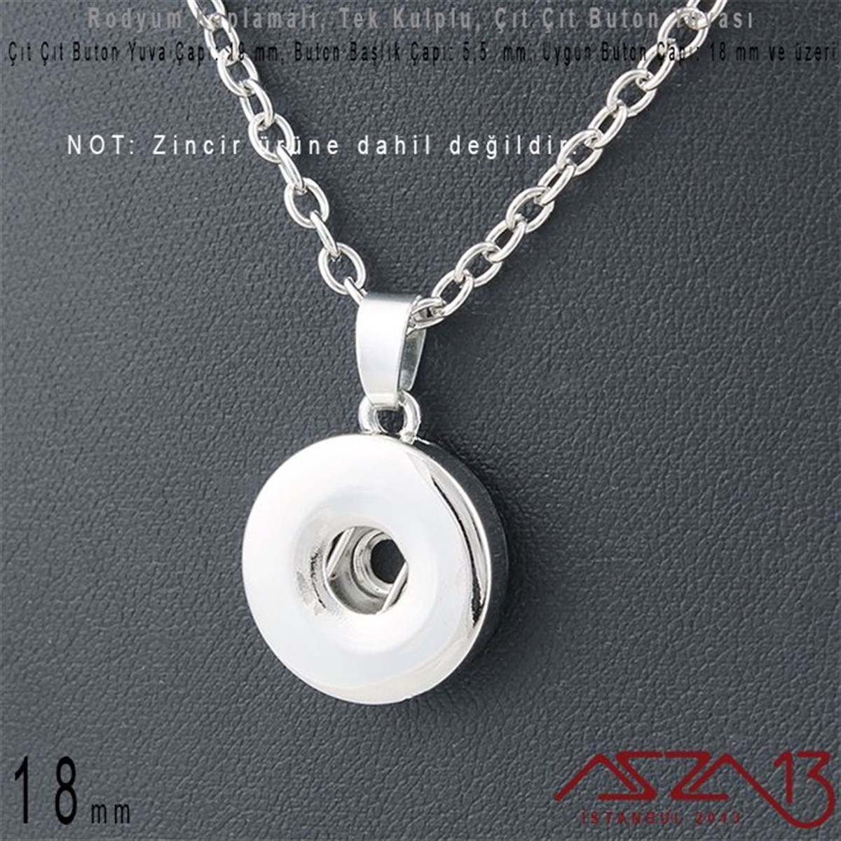 Rodyum Kaplamalı - 18 mm, Çıt Çıt Yuva (Snap) - Klipsli Kolye Ucu (Pendant) / 1 Adet