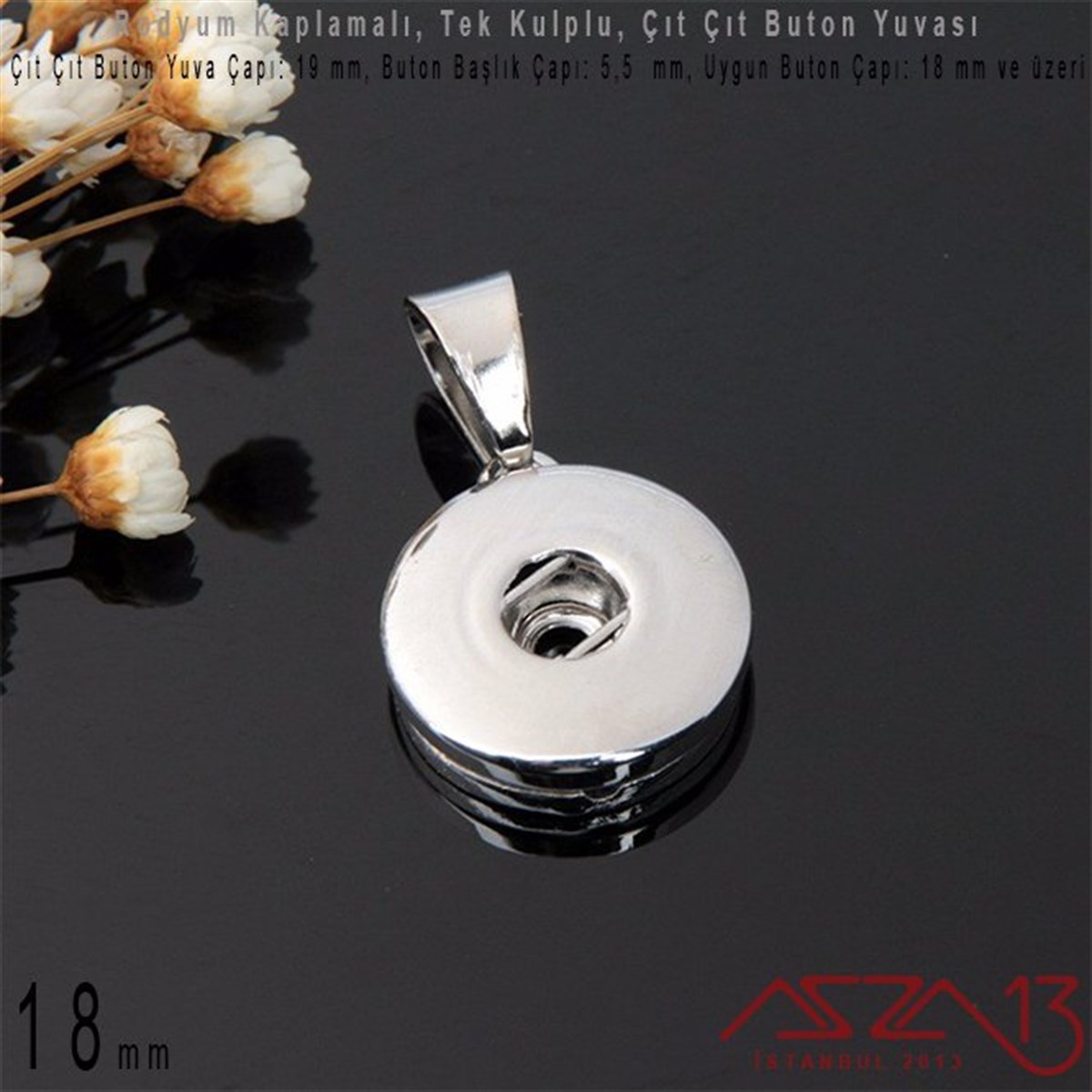 Rodyum Kaplamalı - 18 mm, Çıt Çıt Yuva (Snap) - Klipsli Kolye Ucu (Pendant) / 1 Adet