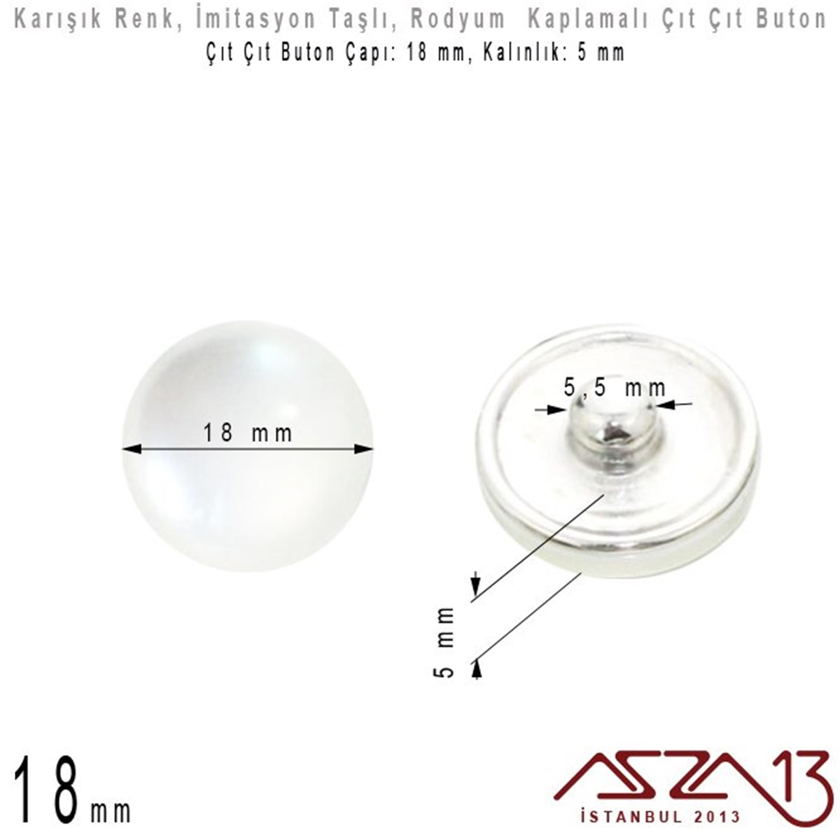 Rodyum Kaplamalı - 18 mm, İmitasyon Taşlı - Çıt Çıt Yuva Butonu / 1 Adet