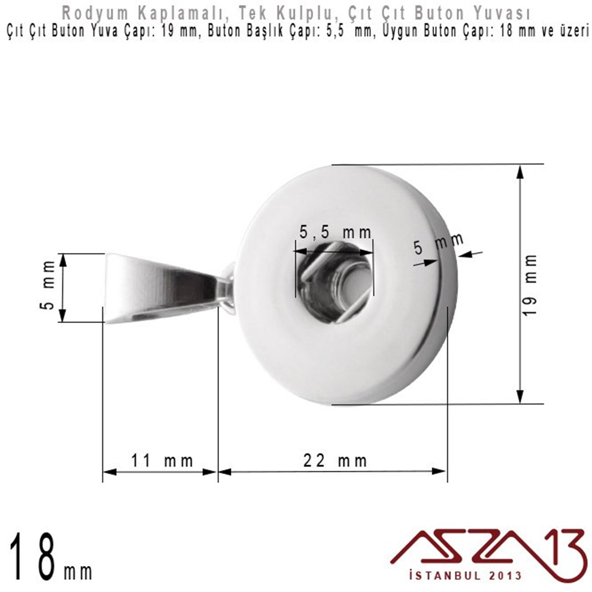 Rodyum Kaplamalı - 18 mm, Çıt Çıt Yuva (Snap) - Klipsli Kolye Ucu (Pendant) / 1 Adet