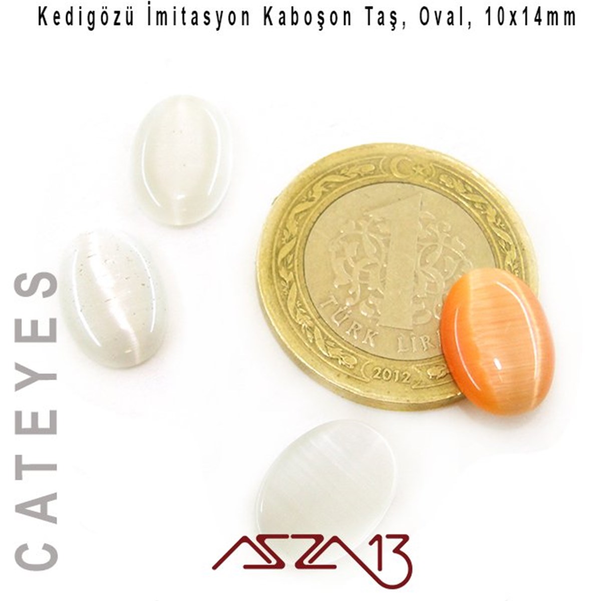 Beyaz-Turuncu Renk Kedigözü 10x14/3 mm Oval İmitasyon Cam Kaboşon / Paket İçeriği 4 Adet