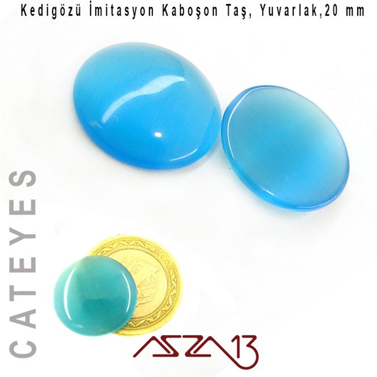 Mavi Renk Kedigözü 20/4,5 mm Yuvarlak İmitasyon Cam Kaboşon / Paket İçeriği 1 Adet