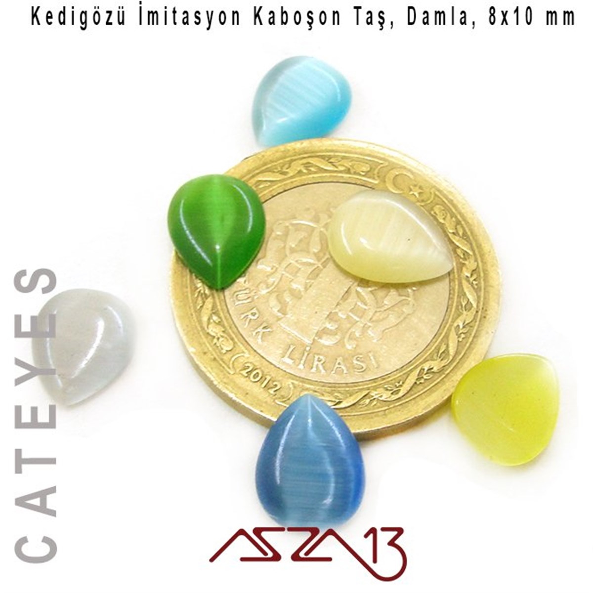 Mavi-Sarı Renk Kedigözü 8x10/3 mm Damla İmitasyon Cam Kaboşon / Paket İçeriği 6 Adet