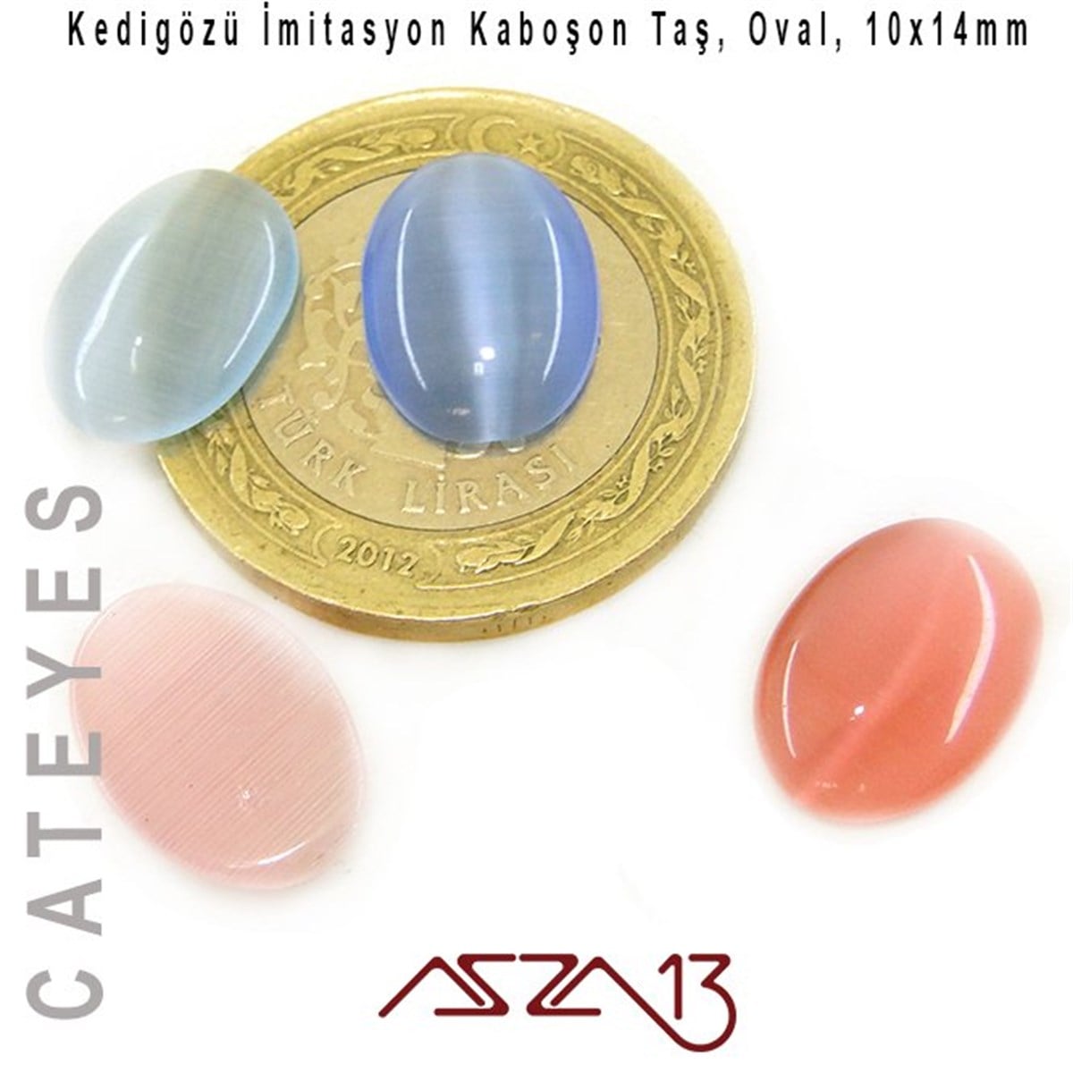 Pembe-Mavi Renk Kedigözü 10x14/3 mm Oval İmitasyon Cam Kaboşon / Paket İçeriği 4 Adet