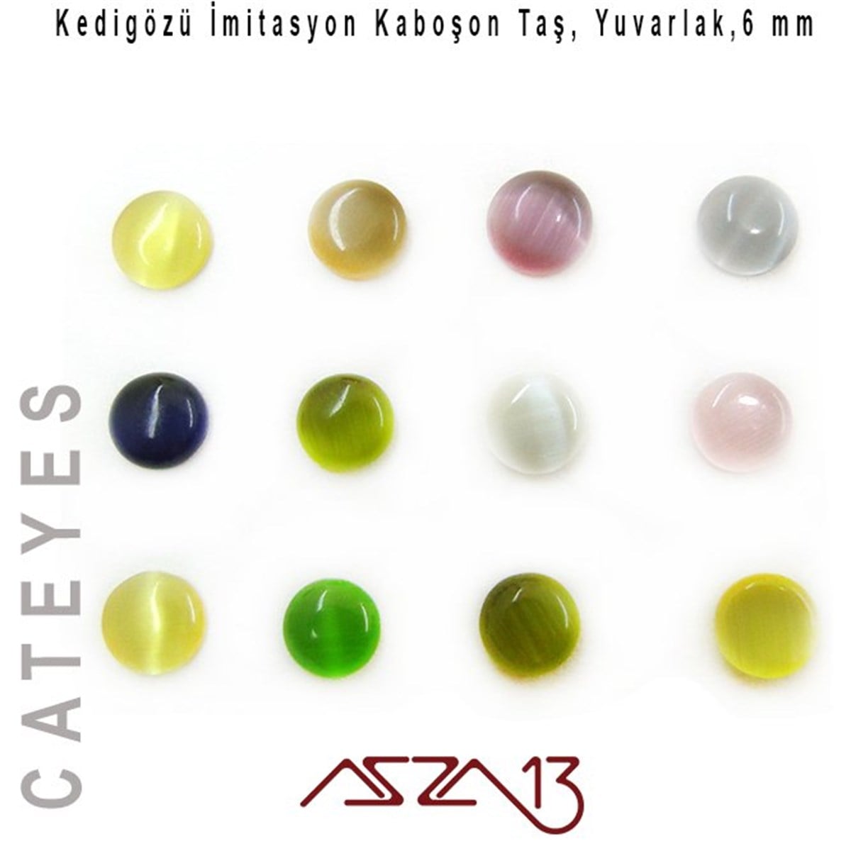 Sarı-Yeşil Renk Kedigözü 6/2,5 mm Yuvarlak İmitasyon Cam Kaboşon / Paket İçeriği 12 Adet