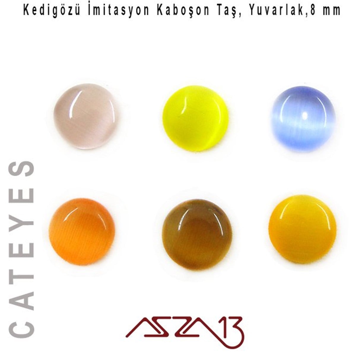 Sarı-Mavi Renk Kedigözü 8/3 mm Yuvarlak İmitasyon Cam Kaboşon / Paket İçeriği 6 Adet