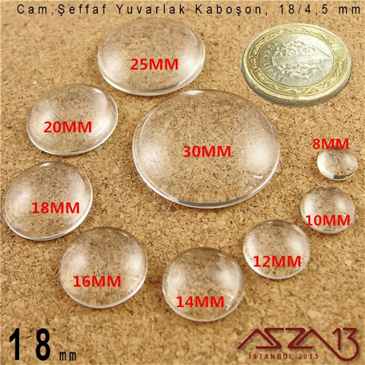 Şeffaf 18 mm, Yuvarlak Cam Kaboşon / Paket İçeriği 1 Adet