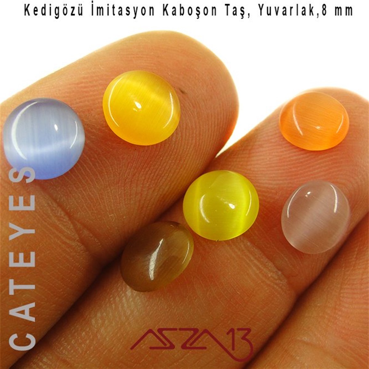 Sarı-Mavi Renk Kedigözü 8/3 mm Yuvarlak İmitasyon Cam Kaboşon / Paket İçeriği 6 Adet