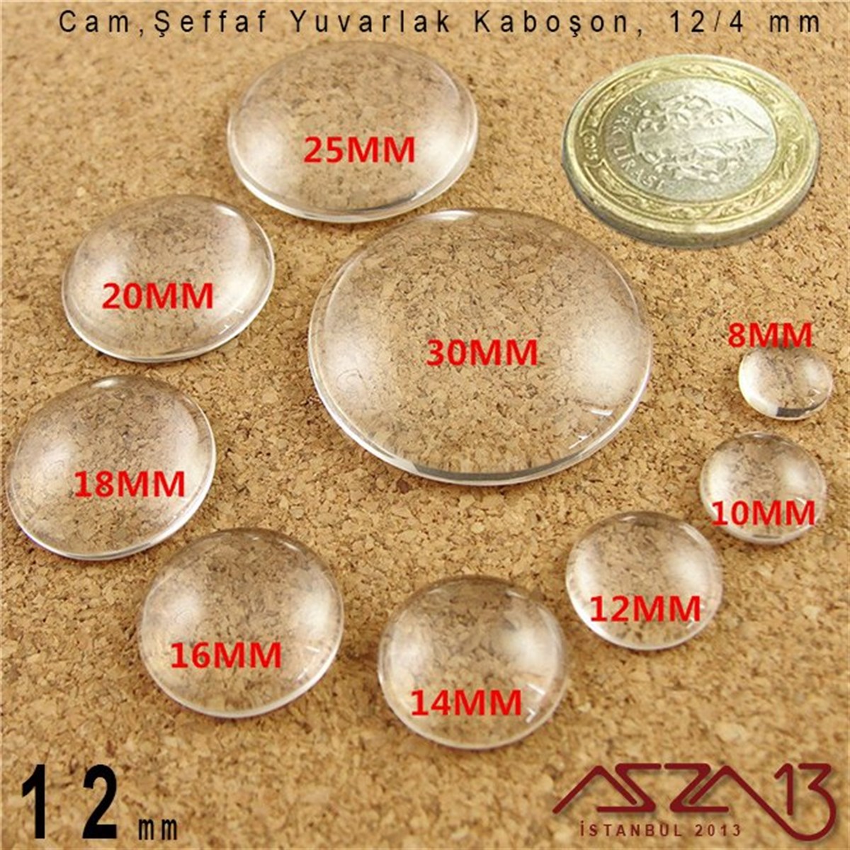 Şeffaf 12 mm, Yuvarlak Cam Kaboşon / Paket İçeriği 4 Adet