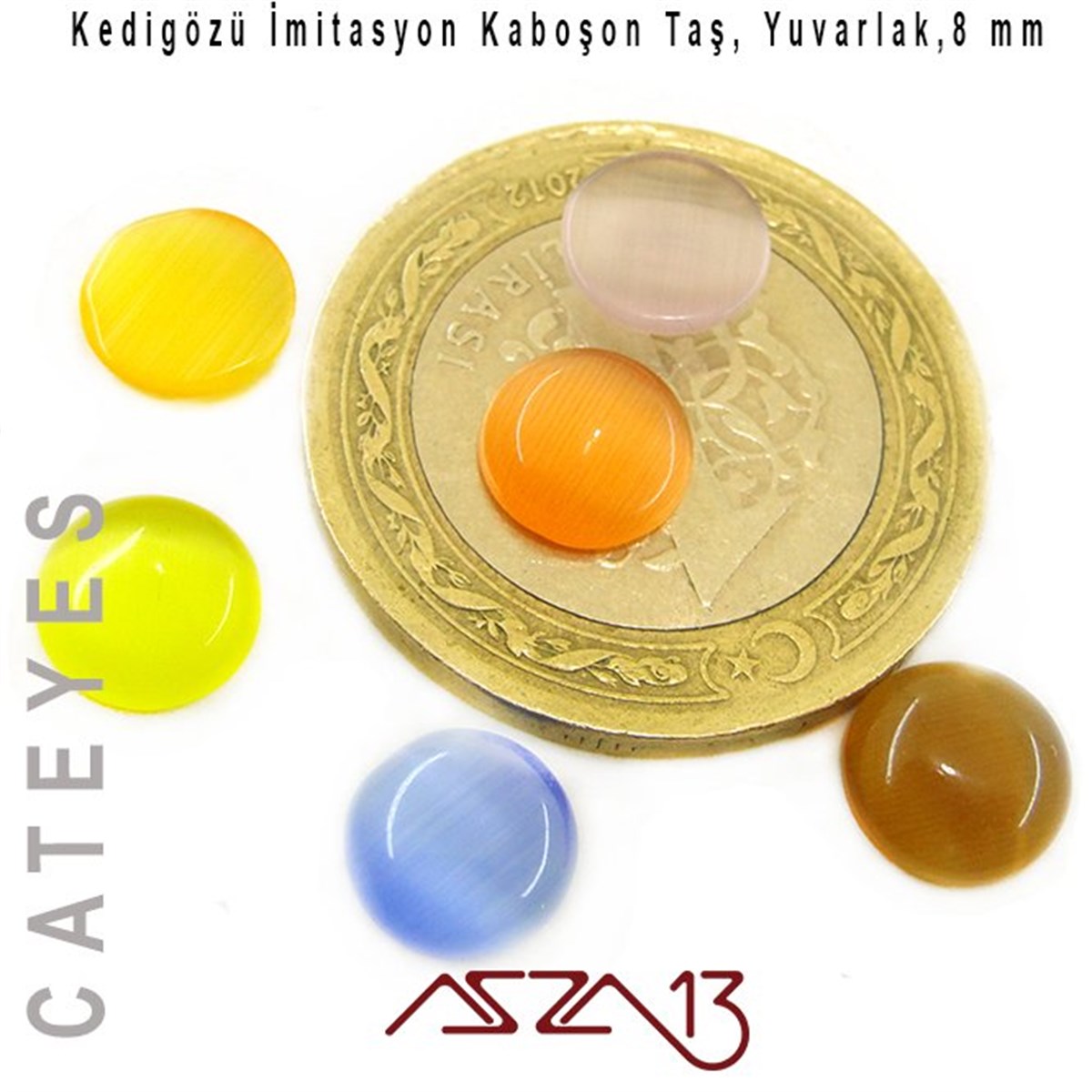 Sarı-Mavi Renk Kedigözü 8/3 mm Yuvarlak İmitasyon Cam Kaboşon / Paket İçeriği 6 Adet