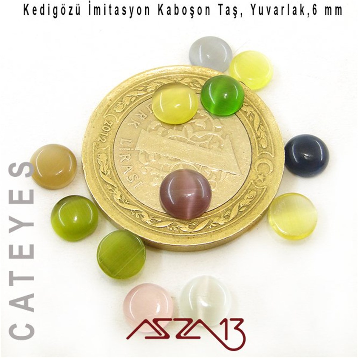 Sarı-Yeşil Renk Kedigözü 6/2,5 mm Yuvarlak İmitasyon Cam Kaboşon / Paket İçeriği 12 Adet