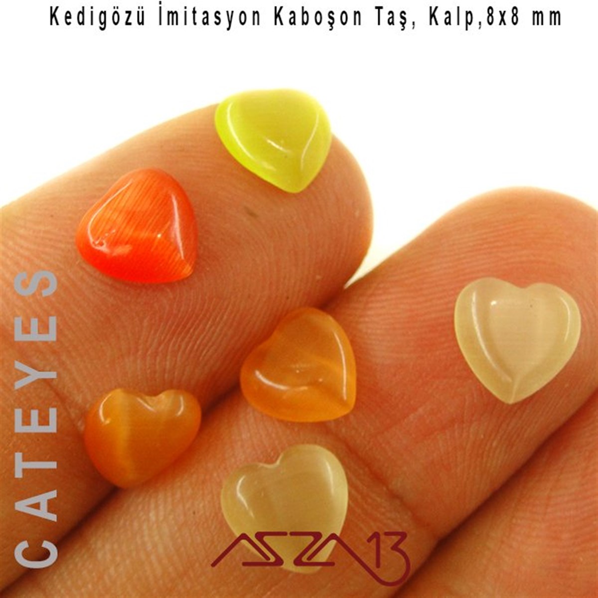 Turuncu-Beyaz Renk Kedigözü 8x8/3 mm Kalp İmitasyon Cam Kaboşon / Paket İçeriği 6 Adet