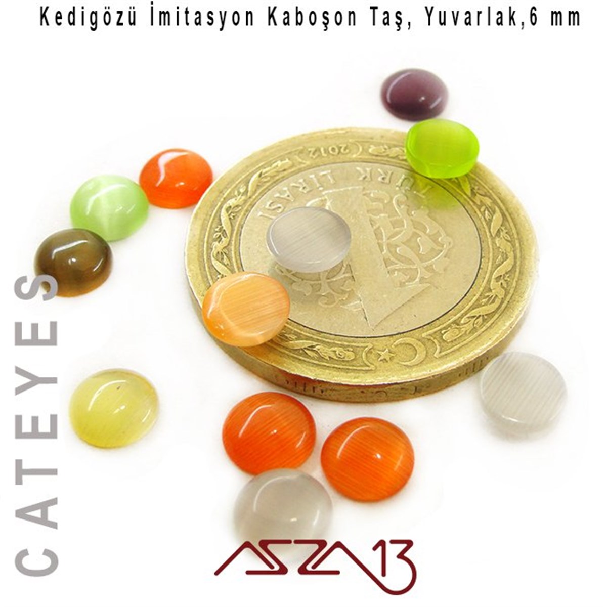 Turuncu-Yeşil Renk Kedigözü 6/2,5 mm Yuvarlak İmitasyon Cam Kaboşon / Paket İçeriği 12 Adet