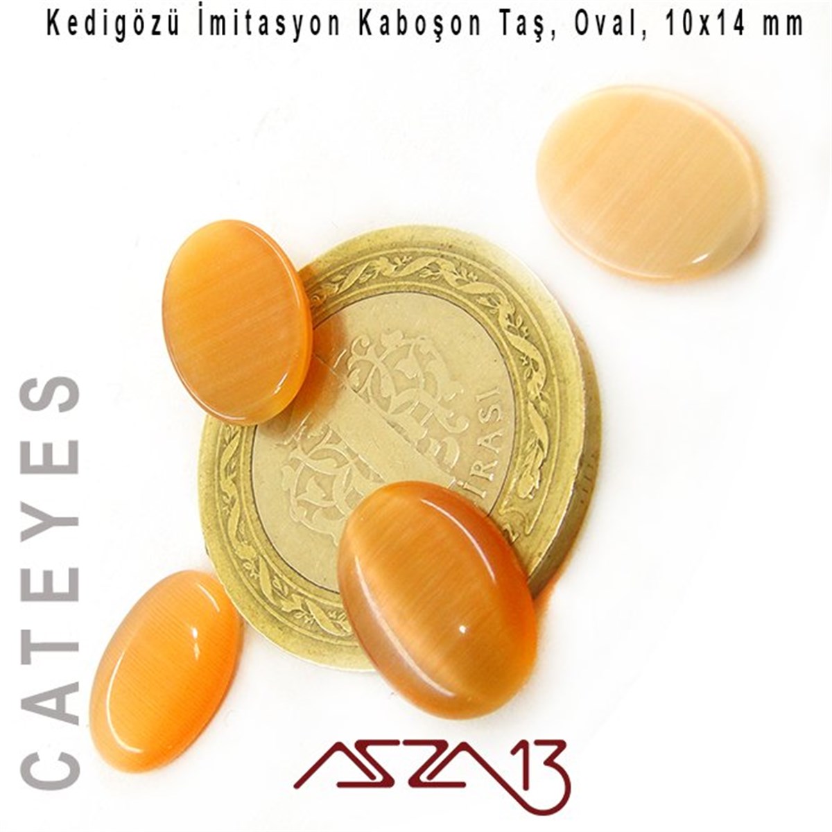 Turuncu Renk Kedigözü 10x14/3 mm Oval İmitasyon Cam Kaboşon / Paket İçeriği 4 Adet