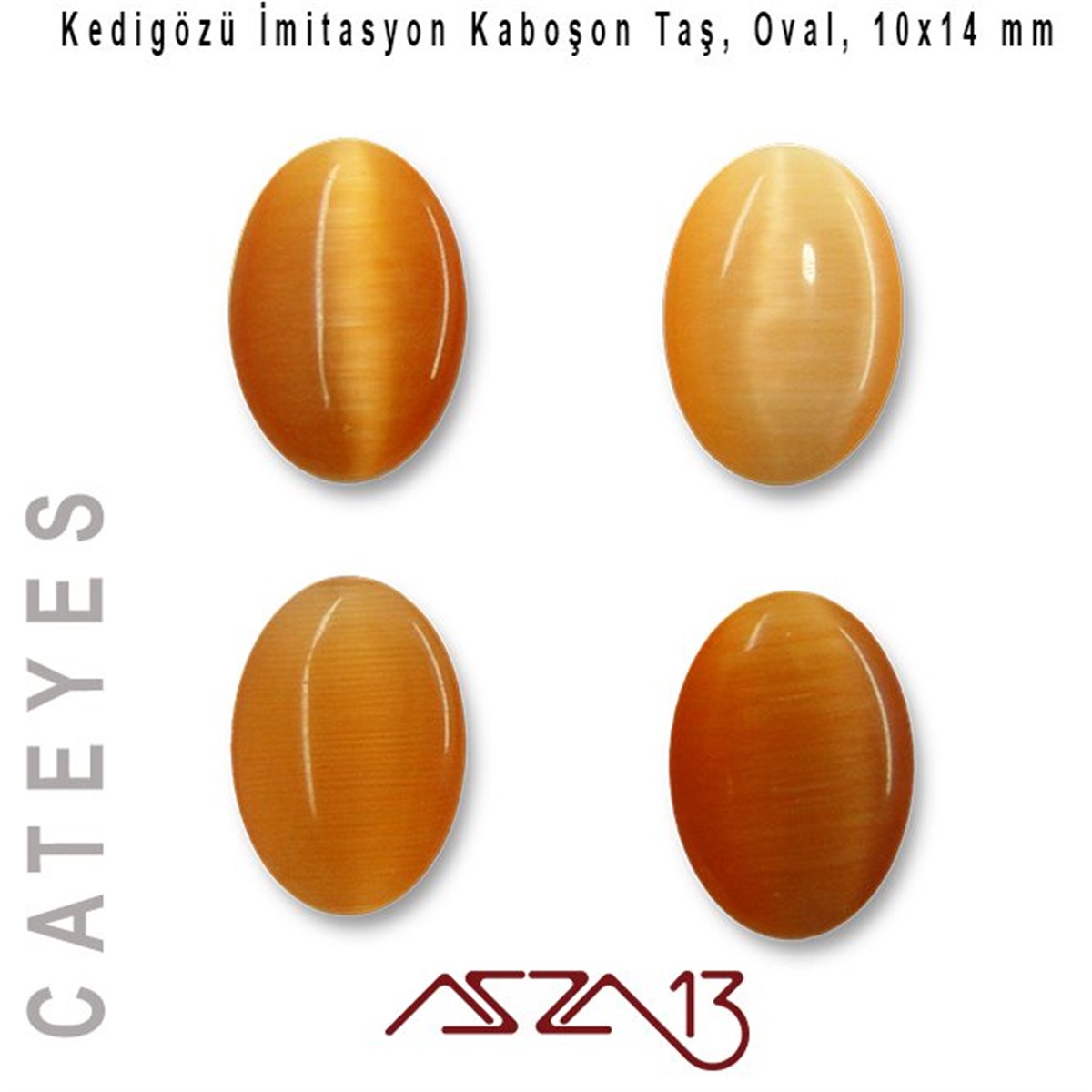 Turuncu Renk Kedigözü 10x14/3 mm Oval İmitasyon Cam Kaboşon / Paket İçeriği 4 Adet