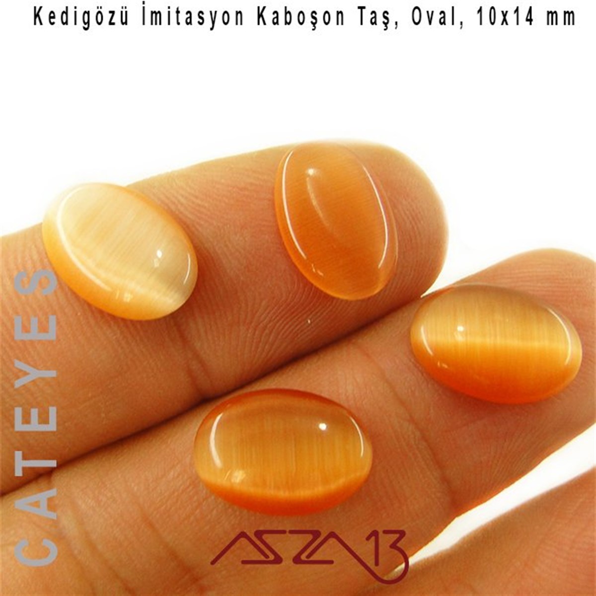 Turuncu Renk Kedigözü 10x14/3 mm Oval İmitasyon Cam Kaboşon / Paket İçeriği 4 Adet
