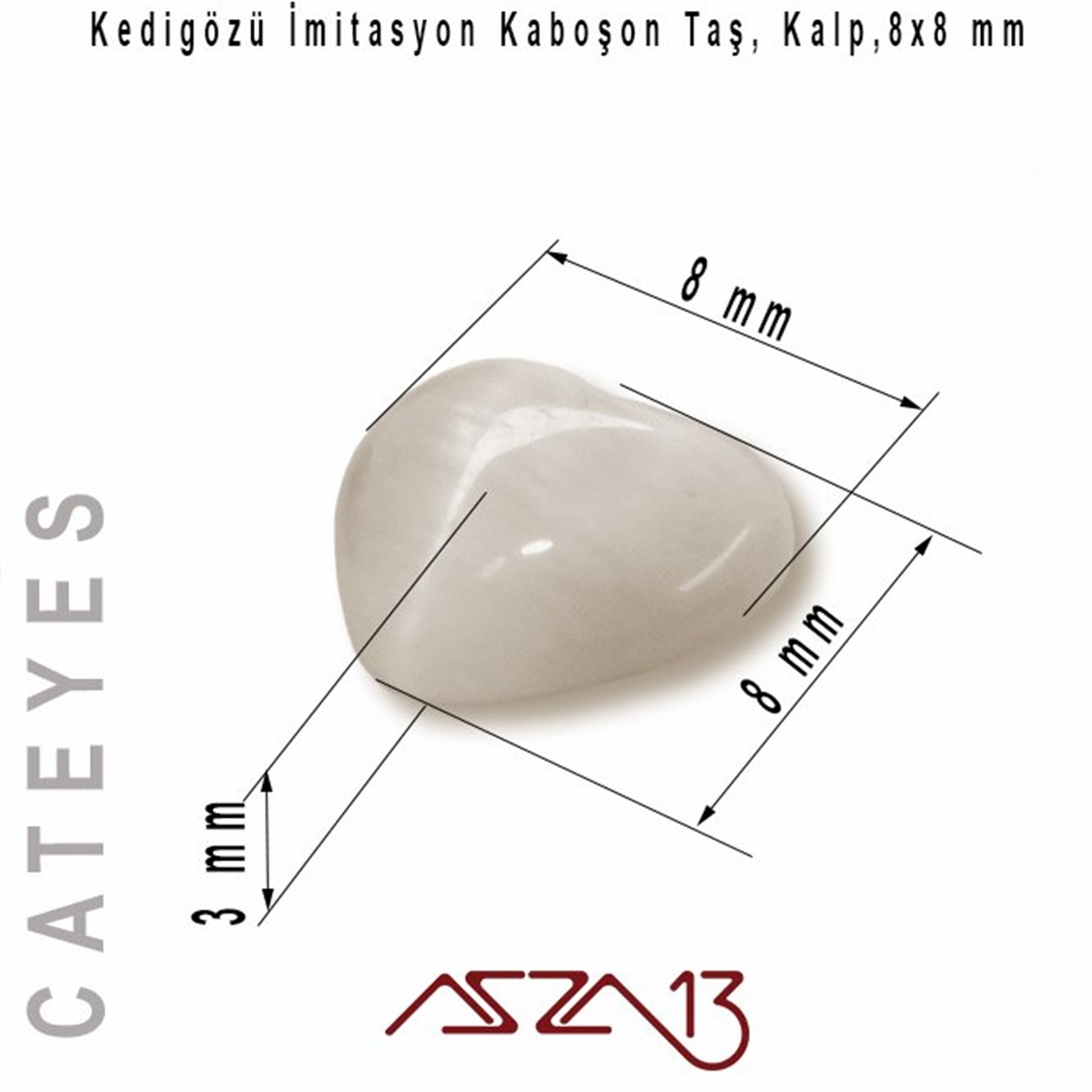 Turuncu-Beyaz Renk Kedigözü 8x8/3 mm Kalp İmitasyon Cam Kaboşon / Paket İçeriği 6 Adet
