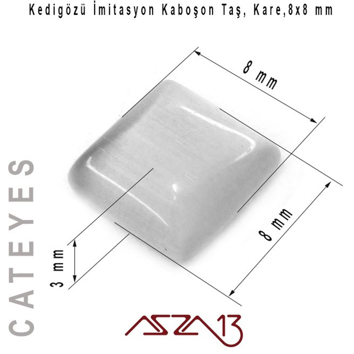 Yeşil-Gri Renk Kedigözü 8x8/3 mm Kare İmitasyon Cam Kaboşon / Paket İçeriği 6 Adet