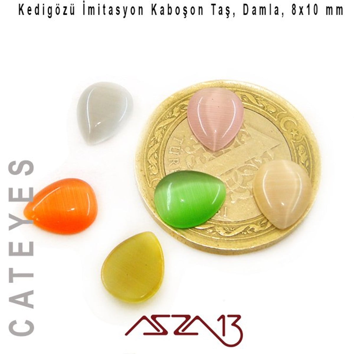 Yeşil-Turuncu Renk Kedigözü 8x10/3 mm Damla İmitasyon Cam Kaboşon / Paket İçeriği 6 Adet