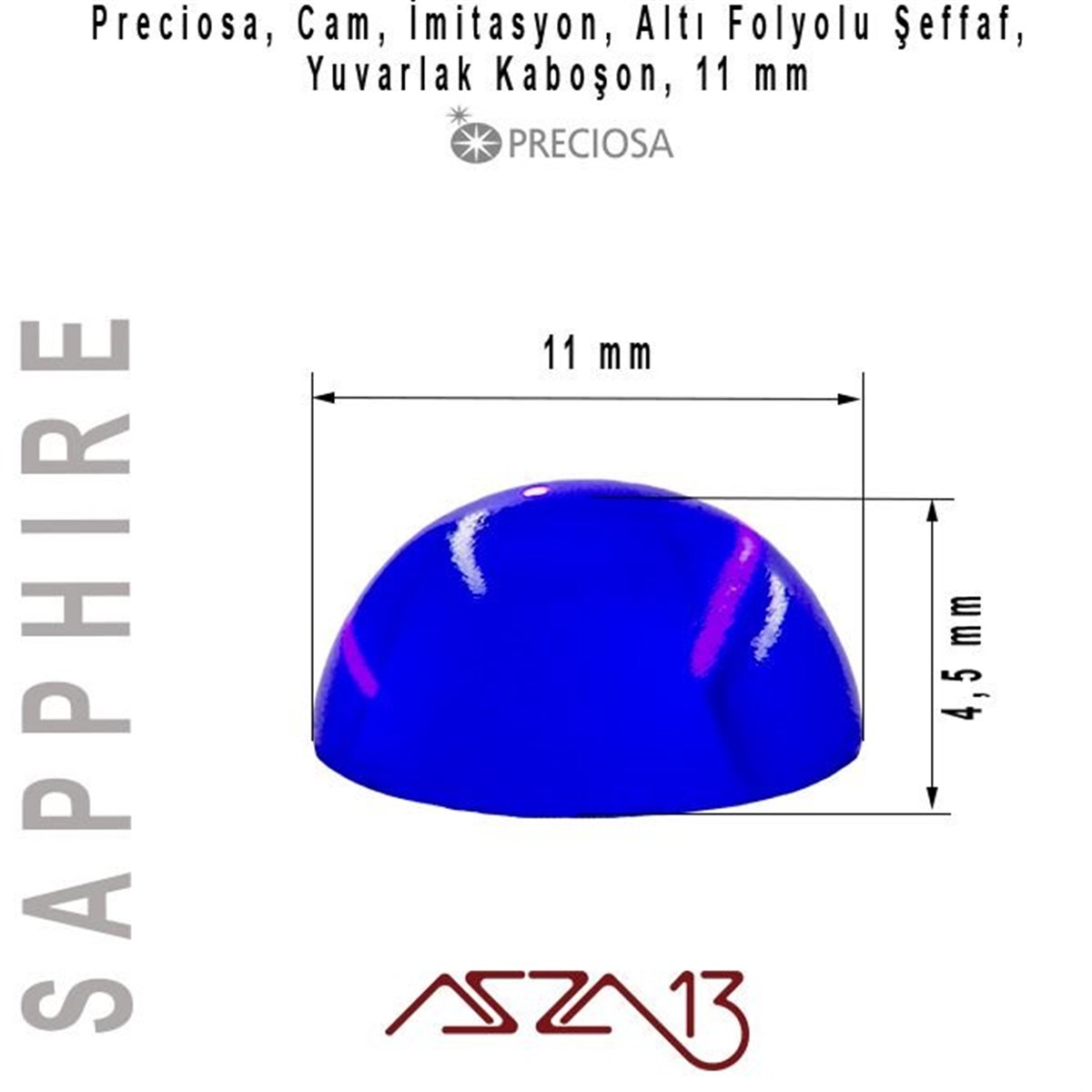 Safir 11 mm Yuvarlak İmitasyon Cam Kaboşon / Paket İçeriği 1 Adet