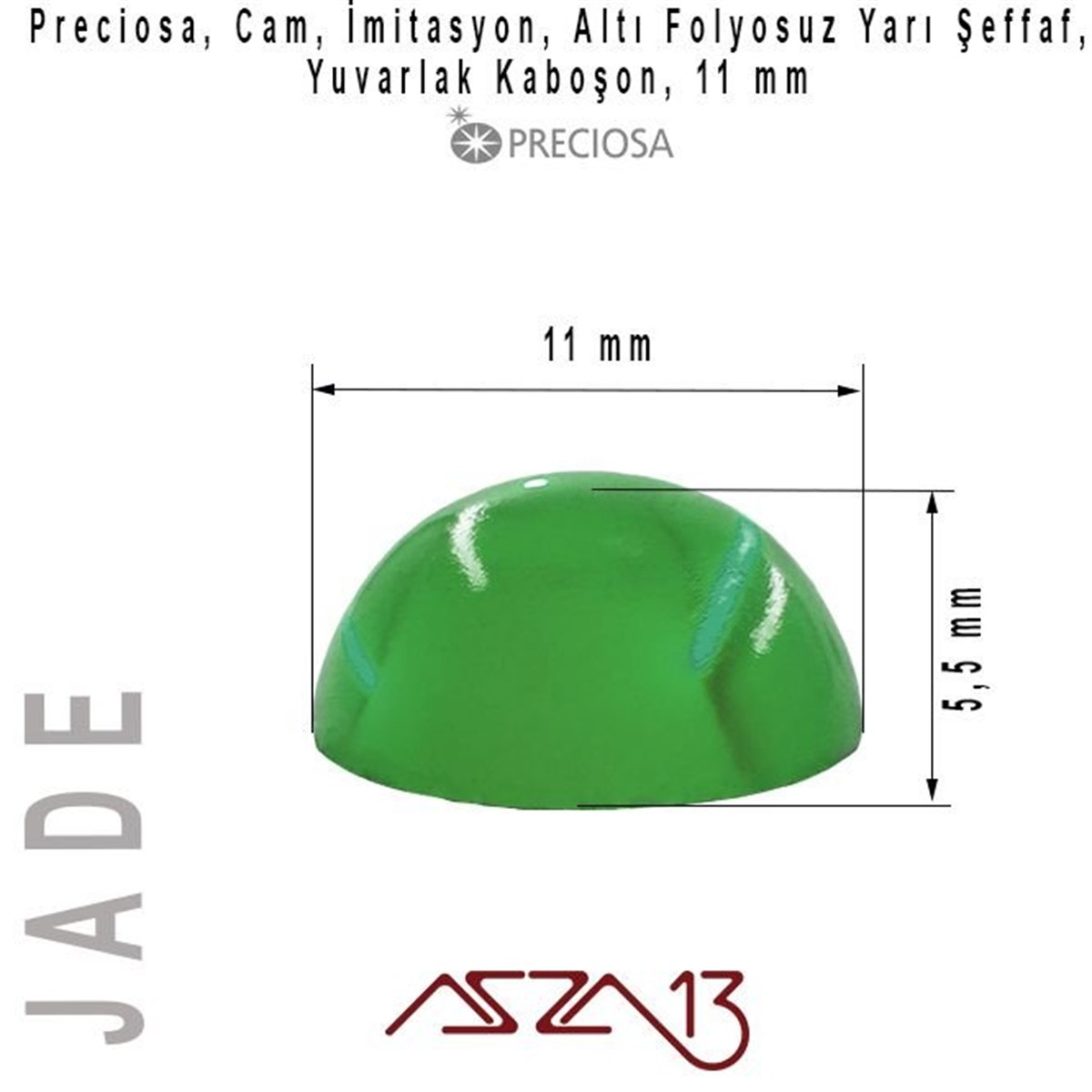 Yeşim 11 mm Yuvarlak İmitasyon Cam Kaboşon / Paket İçeriği 1 Adet