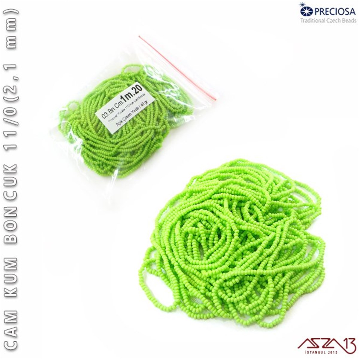 Açık Çimen Yeşili Cam Kum Boncuk 11/0 (2,1 mm) 40 gr