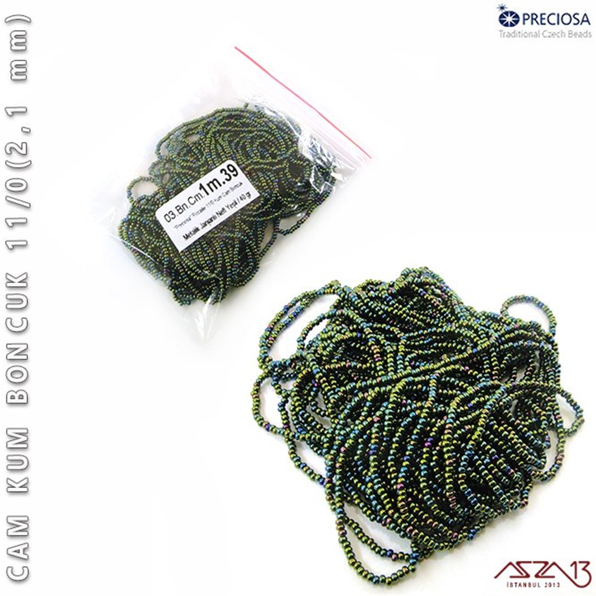Metalik Janjanlı Neft Yeşil Cam Kum Boncuk 11/0 (2,1 mm) 40 gr