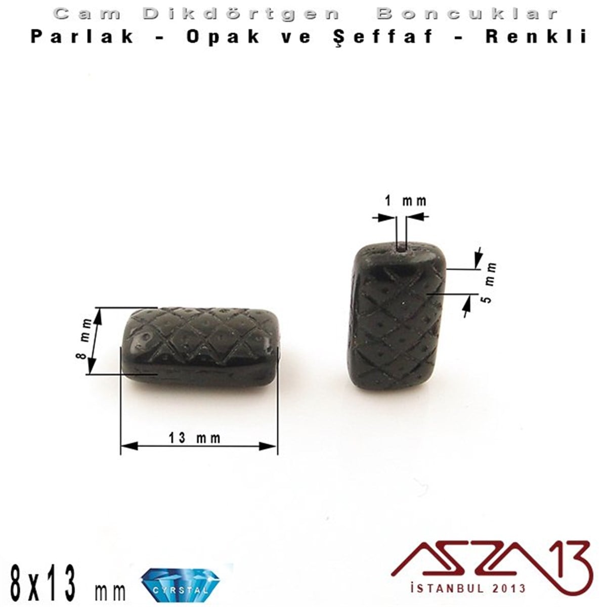 Çek Kristal Dikdörtgen Boncuk - 13x8 mm - Jet - 12 Adet