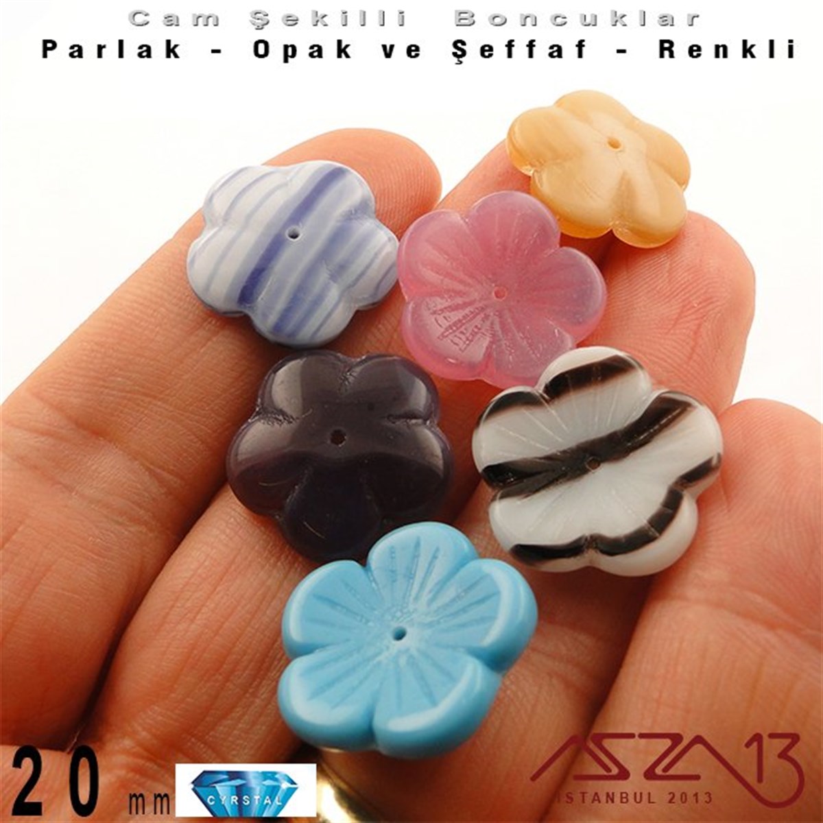 Çek Kristal Çiçek Boncuk - 20 mm - Opak Karışık Renk - 6 Adet