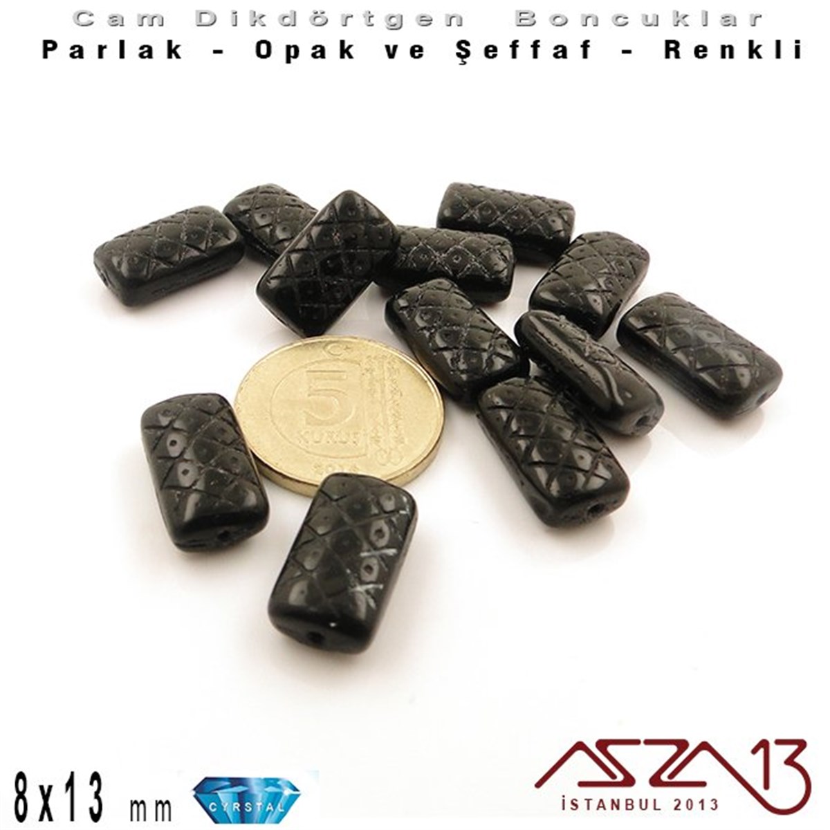 Çek Kristal Dikdörtgen Boncuk - 13x8 mm - Jet - 12 Adet