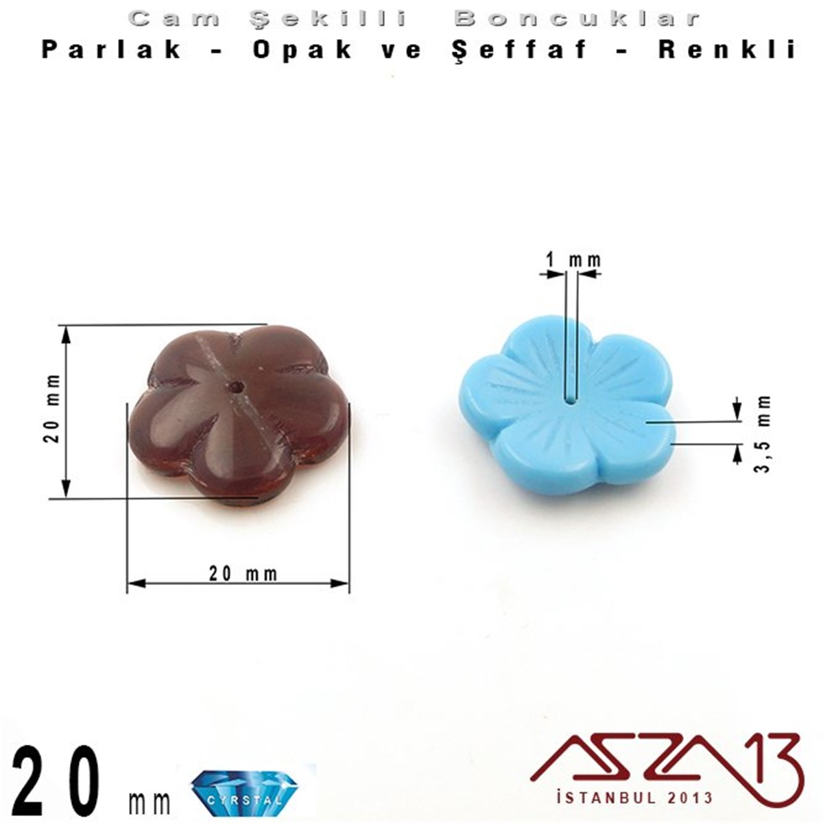 Çek Kristal Çiçek Boncuk - 20 mm - Opak Karışık Renk - 6 Adet