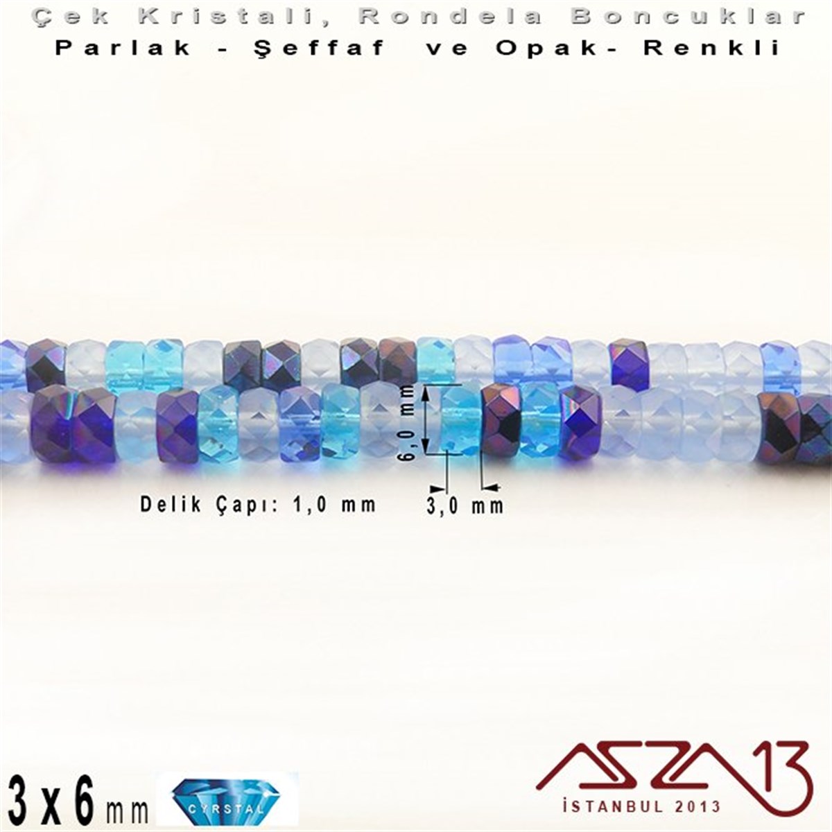 Çek Kristal Rondela Boncuk - 3x6 mm - Karışık Renk (Bluetones) - 60 Adet