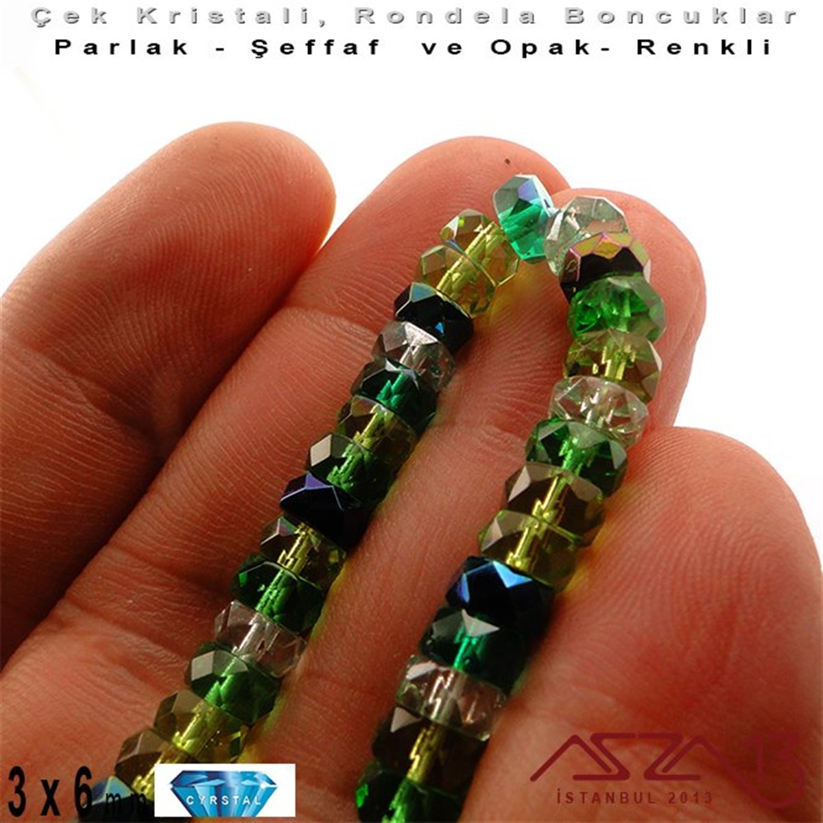 Çek Kristal Rondela Boncuk - 3x6 mm - Karışık Renk (Evergreen) - 60 Adet