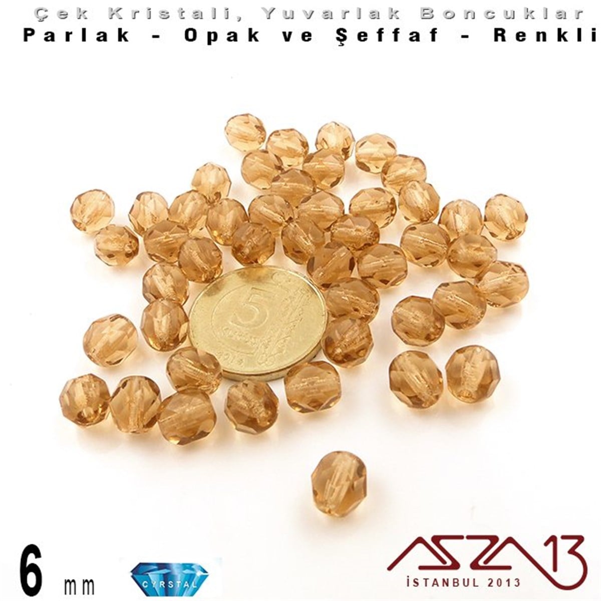 Çek Kristal Boncuk - Fire Polish - Yuvarlak - 6 mm - Topaz - 36 Adet