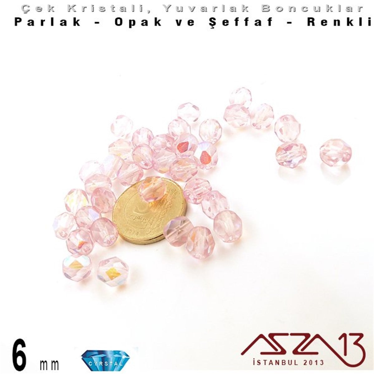Çek Kristal Boncuk - Fire Polish - Yuvarlak - 6 mm - Light Pink AB - 36 Adet