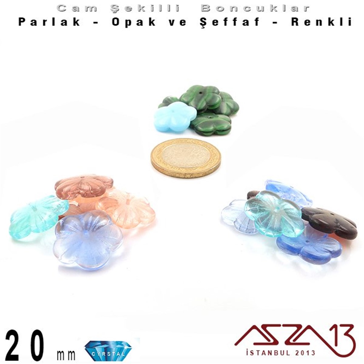 Çek Kristal Çiçek Boncuk - 20 mm - Şeffaf Karışık Renk - 6 Adet