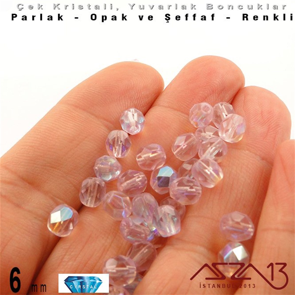 Çek Kristal Boncuk - Fire Polish - Yuvarlak - 6 mm - Light Pink AB - 36 Adet