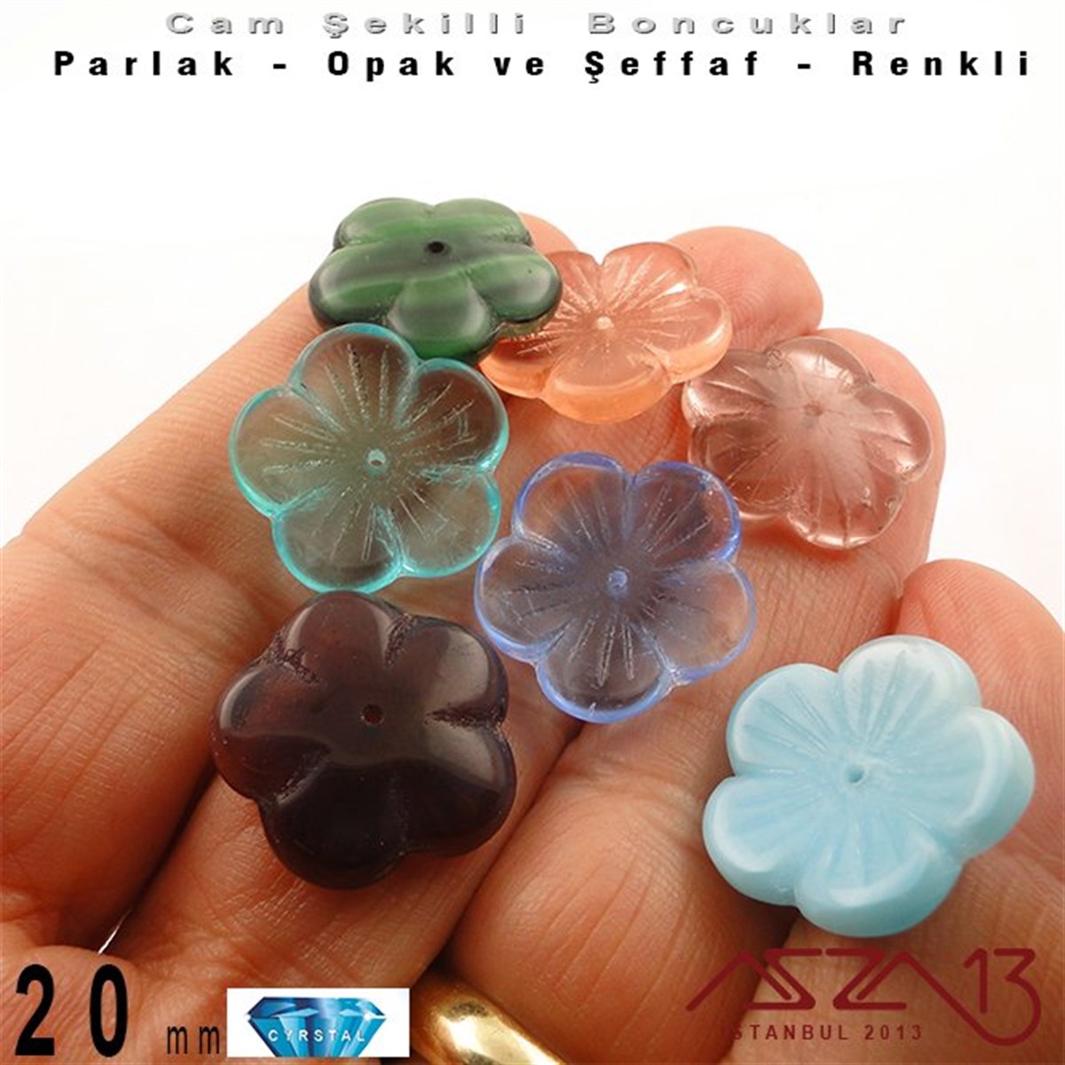 Çek Kristal Çiçek Boncuk - 20 mm - Şeffaf Karışık Renk - 6 Adet