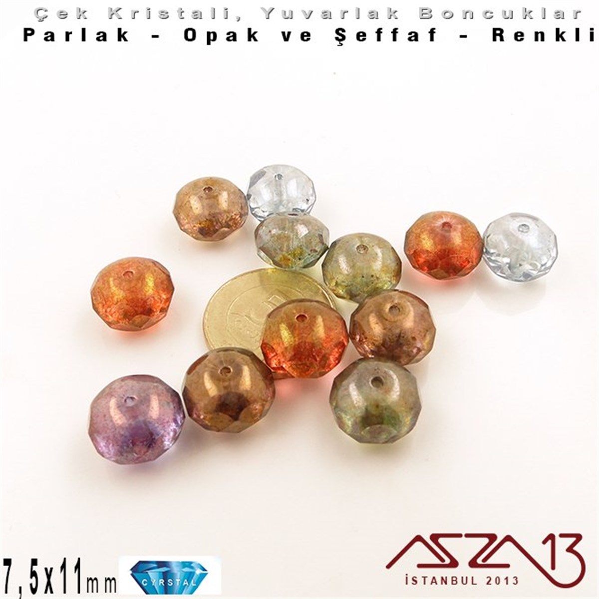 Çek Kristal Donut Yuvarlak Boncuk - 7,5x11,0 mm - Karışık Renk AB - 12 Adet