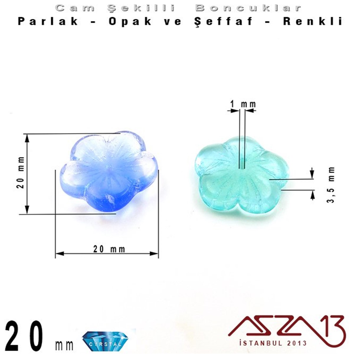 Çek Kristal Çiçek Boncuk - 20 mm - Şeffaf Karışık Renk - 6 Adet