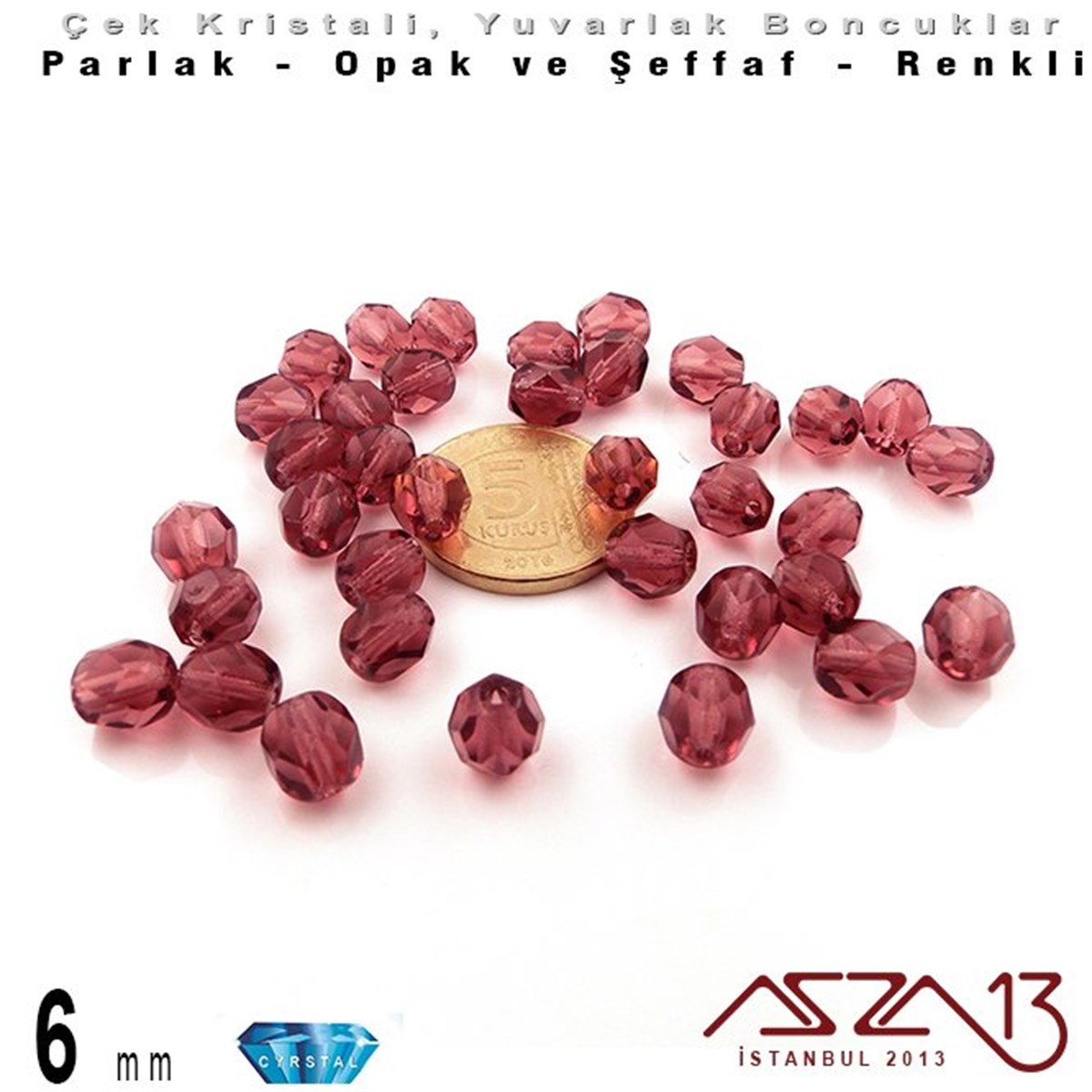 Çek Kristal Boncuk - Fire Polish - Yuvarlak - 6 mm - Amethyst - 36 Adet