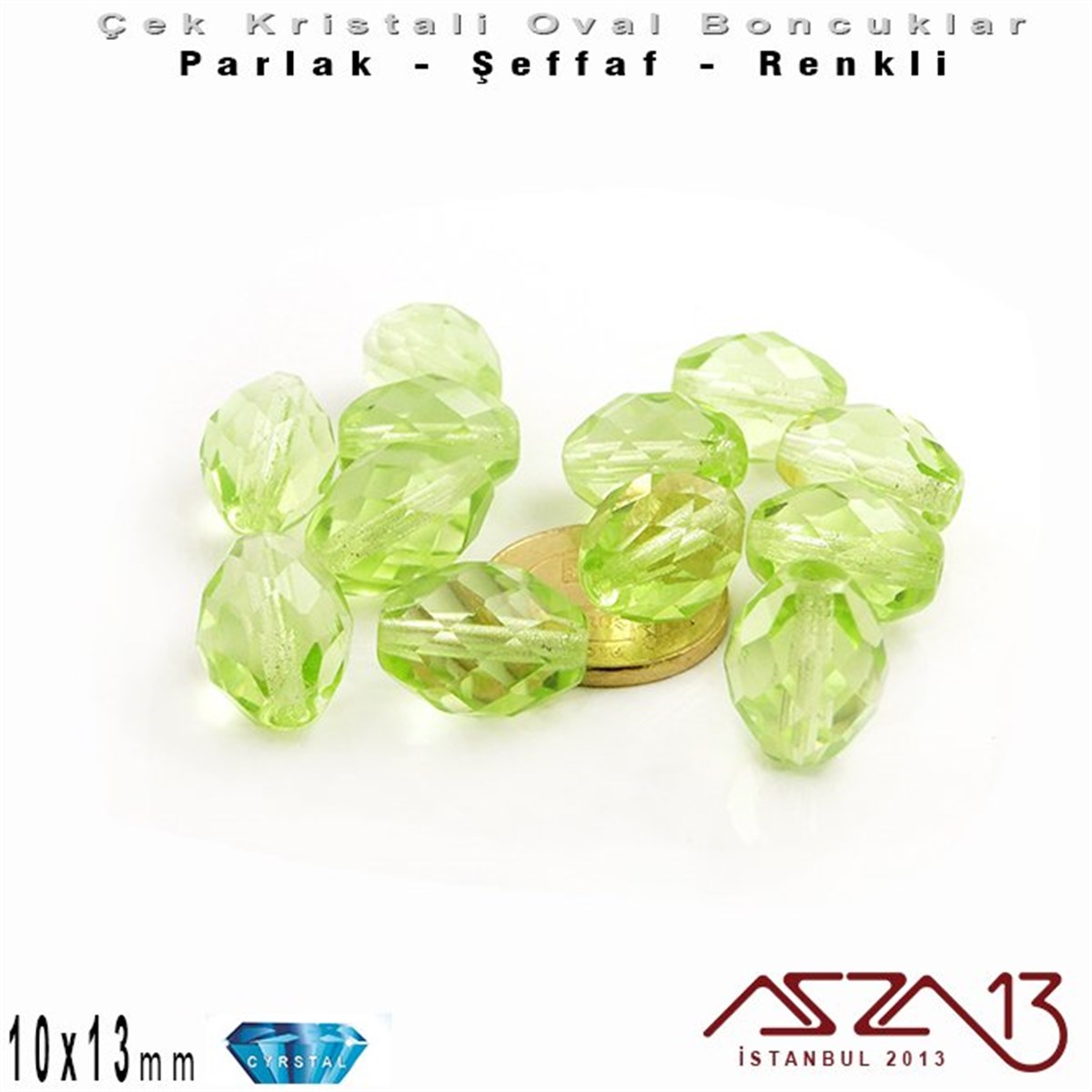 Çek Kristal, Oval Boncuk - 13x10 mm - Peridot - 12 Adet