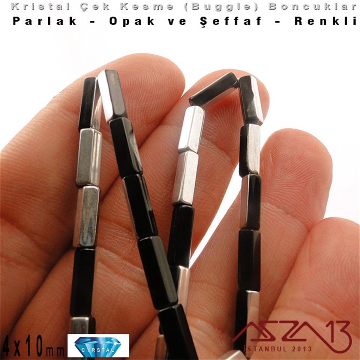 Çek Kristal, Beşgen Çubuk Boncuk - 4x10 mm - Karışık Renk (Jet Silver) - 25 Adet
