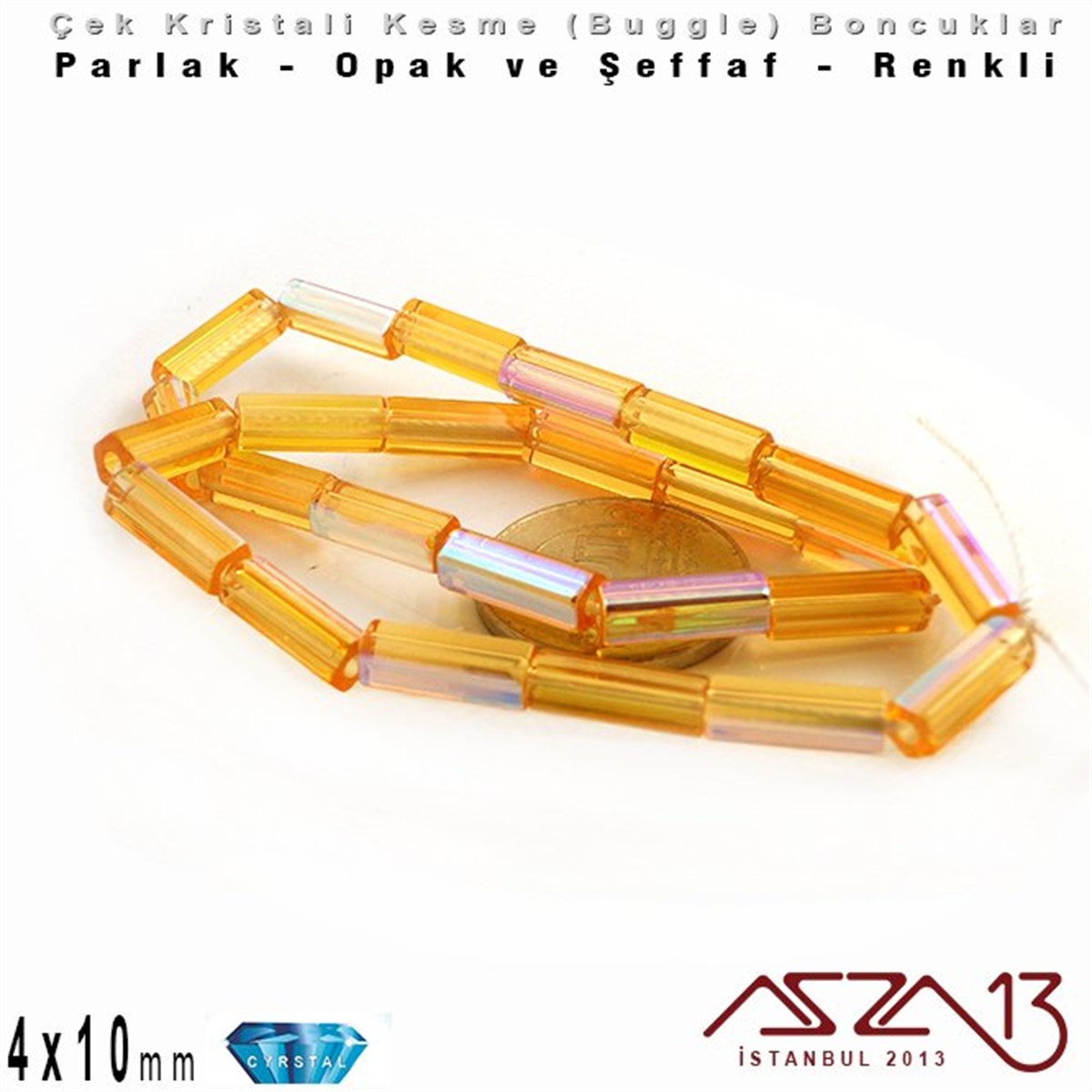 Çek Kristal, Beşgen Çubuk Boncuk - 4x10 mm - Karışık Renk (Amber AB) - 25 Adet