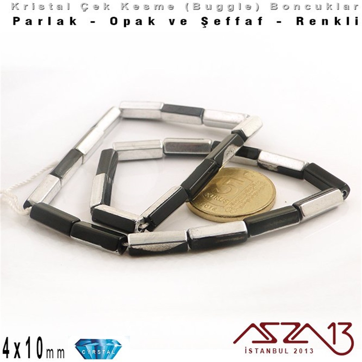 Çek Kristal, Beşgen Çubuk Boncuk - 4x10 mm - Karışık Renk (Jet Silver) - 25 Adet