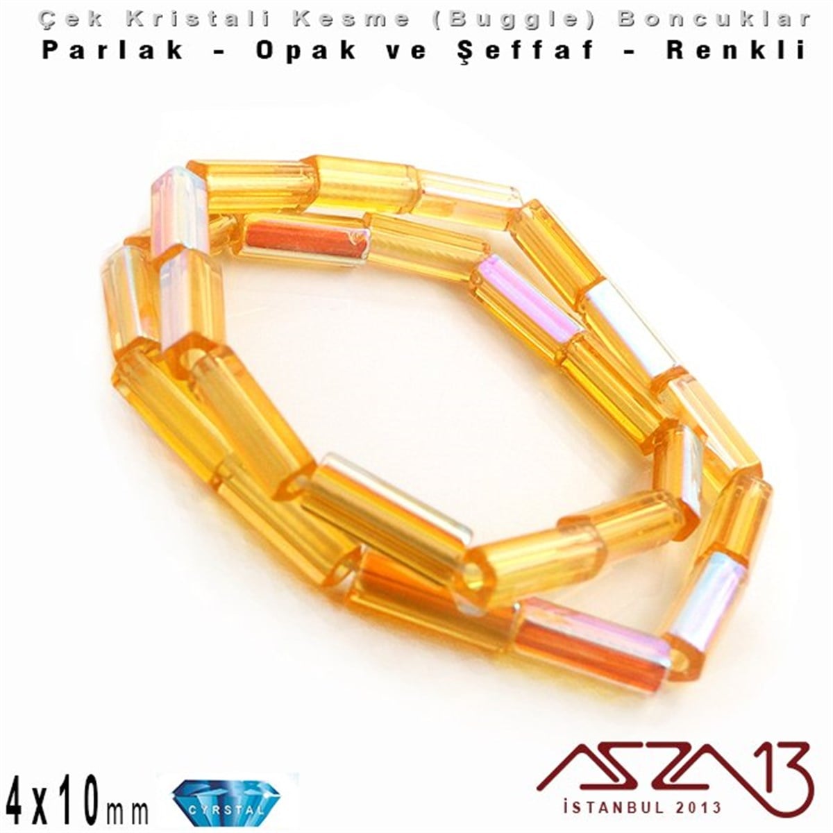 Çek Kristal, Beşgen Çubuk Boncuk - 4x10 mm - Karışık Renk (Amber AB) - 25 Adet