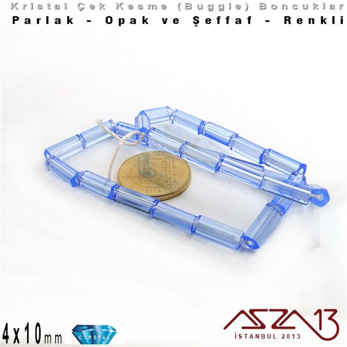 Çek Kristal, Beşgen Çubuk Boncuk - 4x10 mm - Karışık Renk (Light Sapphire) - 25 Adet