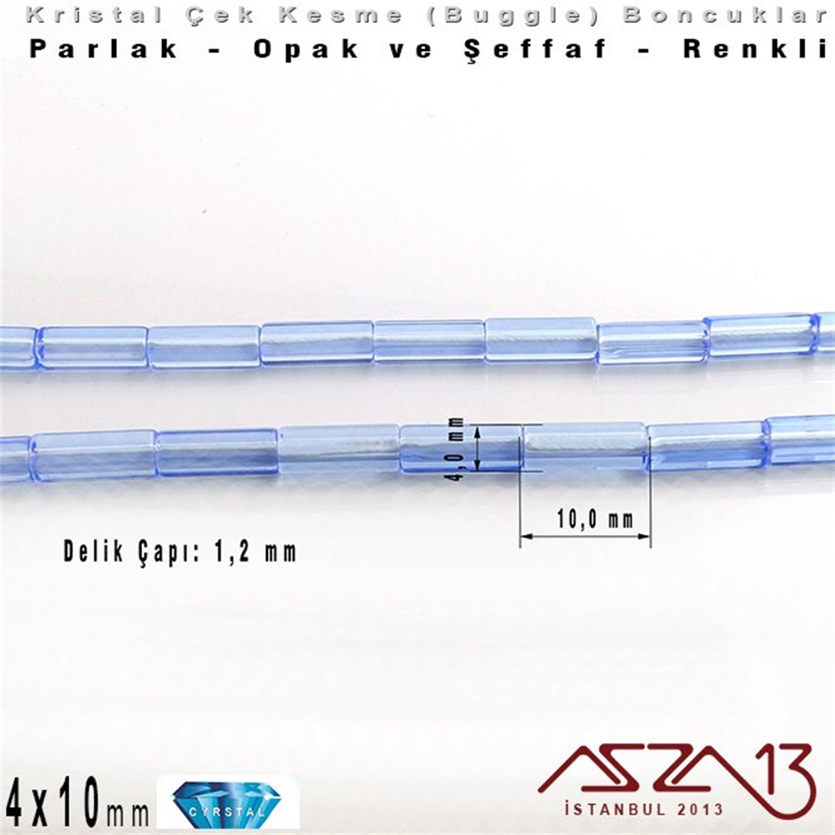 Çek Kristal, Beşgen Çubuk Boncuk - 4x10 mm - Karışık Renk (Light Sapphire) - 25 Adet