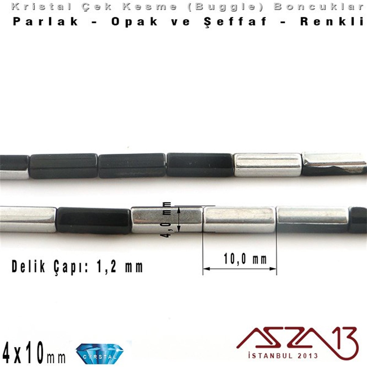 Çek Kristal, Beşgen Çubuk Boncuk - 4x10 mm - Karışık Renk (Jet Silver) - 25 Adet
